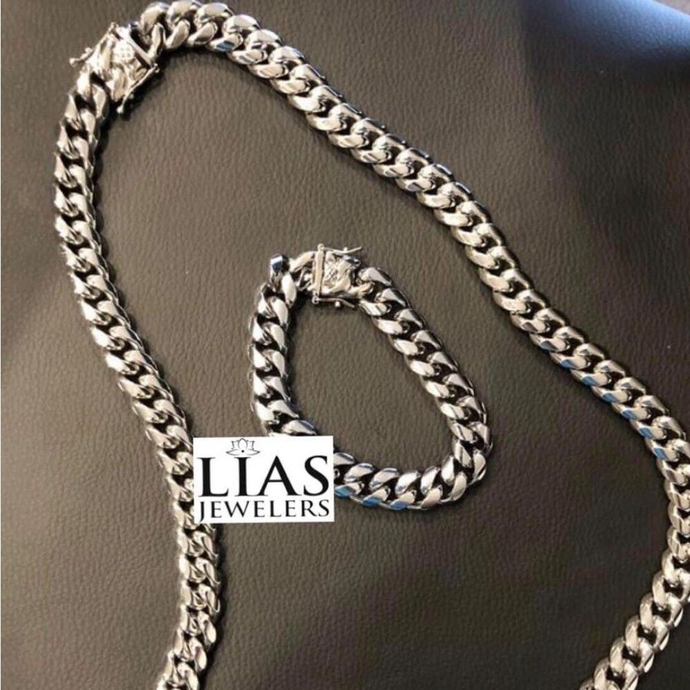 New 18k white gold filled Cuban link chain and bracelet set